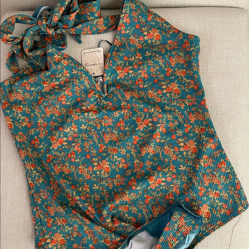 Free People halter top in a stunning teal and orange floral print NWT